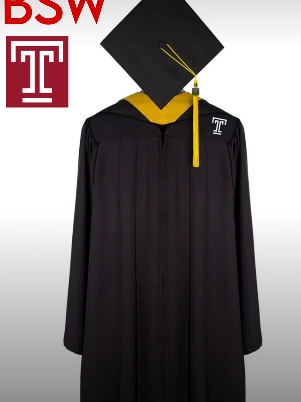 Temple University BSW Graduation Gown with Gold Hood & Tassel
